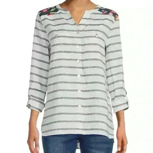 John Mark 100% linen floral embroidered button front blouse sz. XL coastal boho